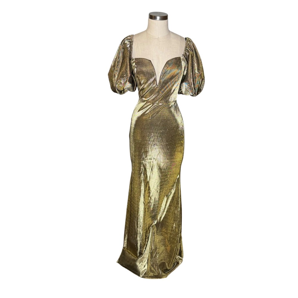 LULUS You're Worth It Maxi Dress Gold Metallic Puff Sleeve Women's Size Small